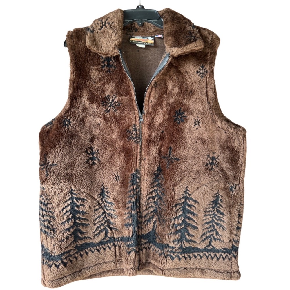 Cobblestone‎ Canyon Women XL Brown Vintage Fleece Vest Pine Tree Snowflake Boho